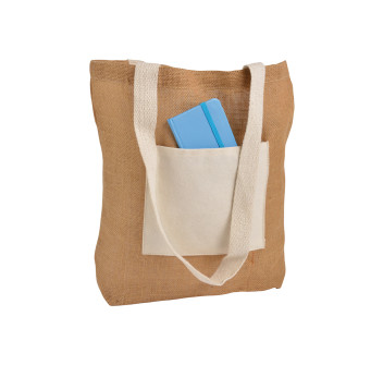 Shopper con soffietto alla base in Juta con manici e tasca esterna (18 x 15 cm) in cotone