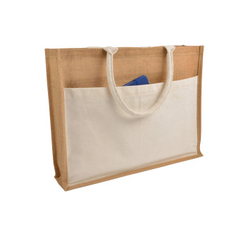 Shopper con soffietto in Juta con interno cerato, manici e  tasca esterna in cotone